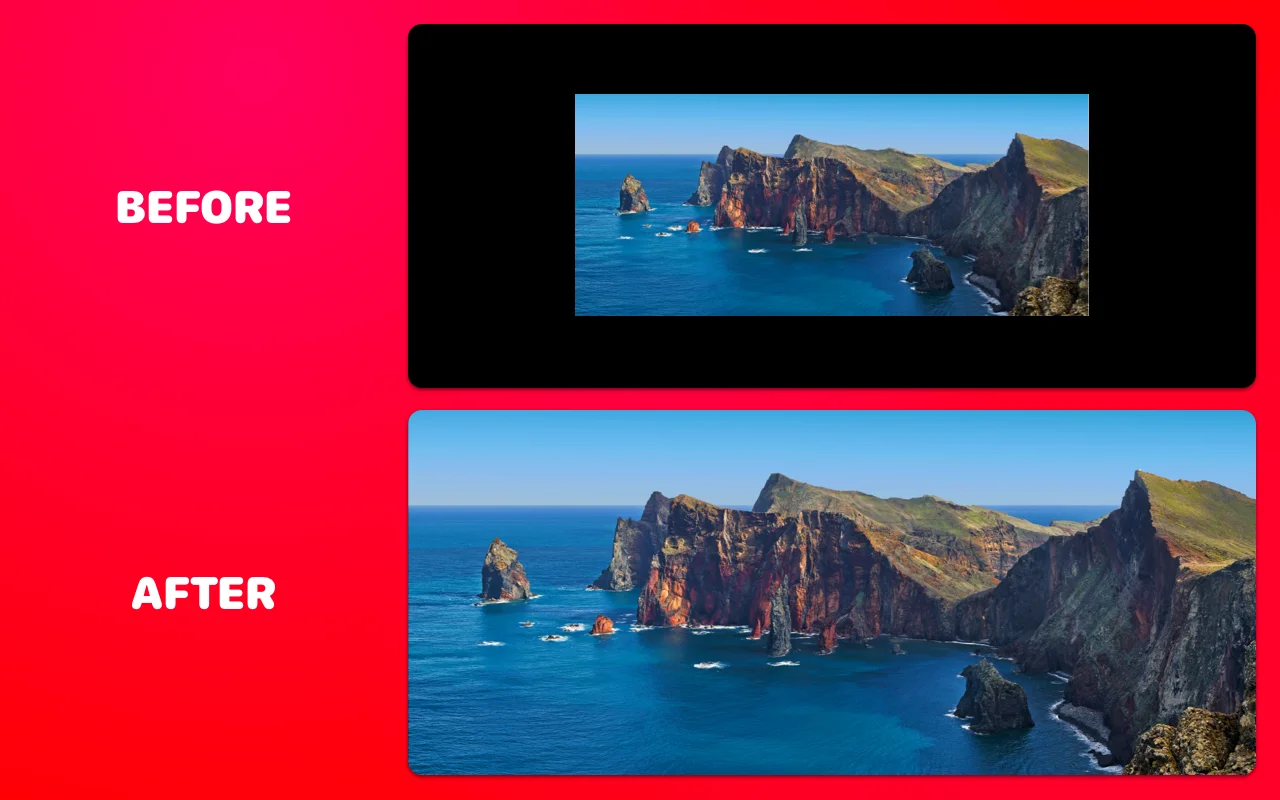 A 16:9 Netflix stream boxed in by black bars on an ultrawide monitor, then the same video filling the whole 21:9 screen