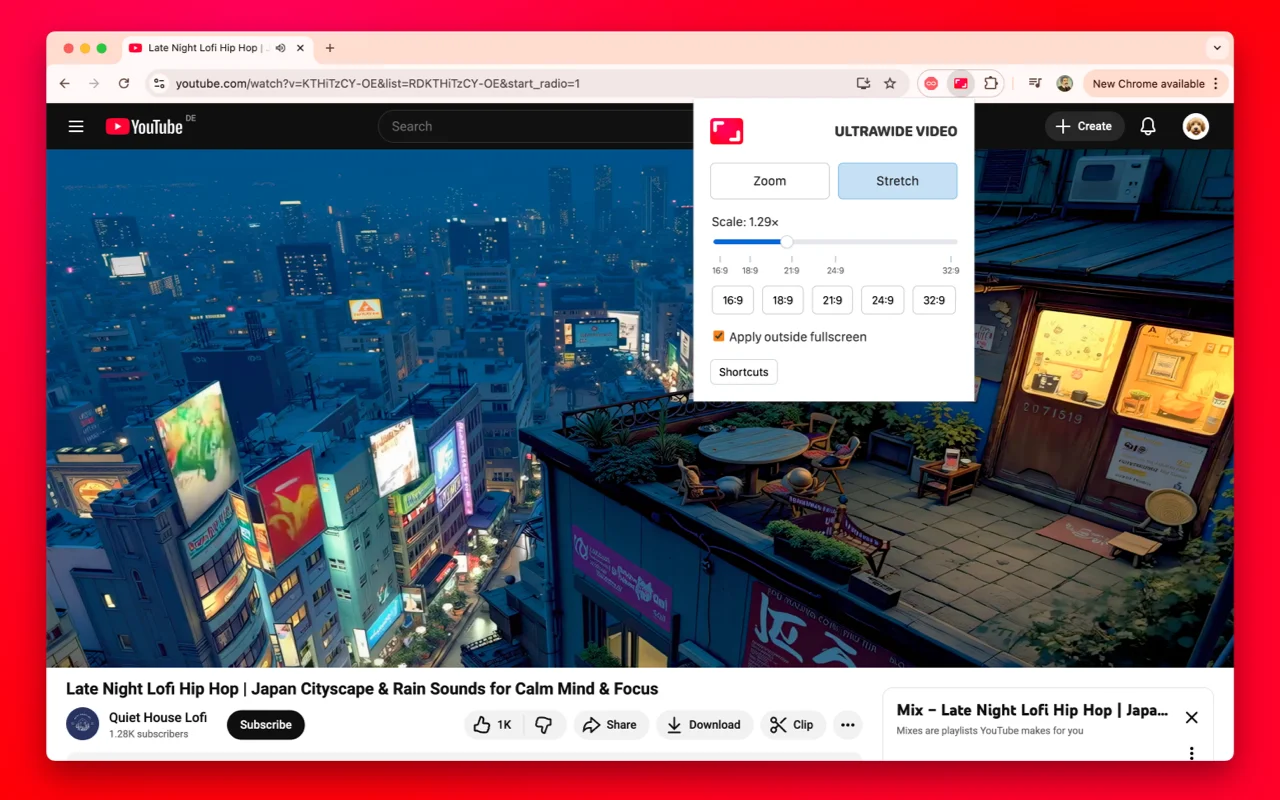 UltraWide Video extension popup with zoom mode and scale slider